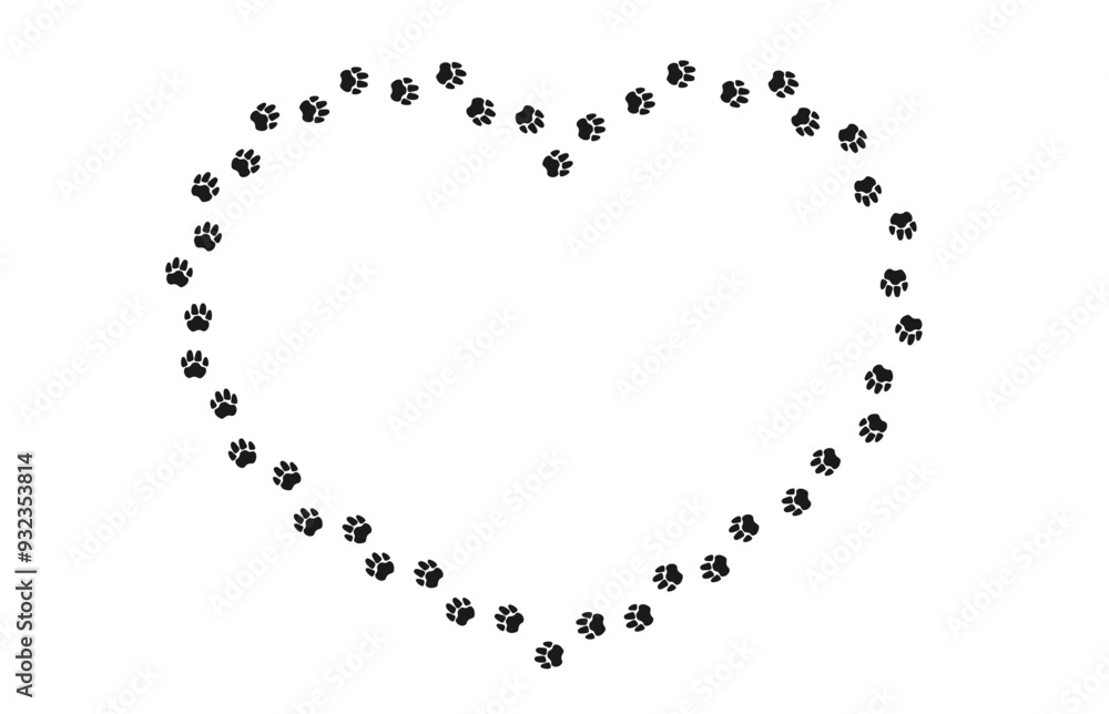 Heart shaped frame with animal paw print. Black silhouette track of dog or cat paw prints. Frame with paw prints of pets for decoration of shop windows, websites, etc. Vector illustration. Heart shaped frame with animal paw print. Black silhouette track of dog or cat paw prints. Frame with paw prints of pets for decoration of shop windows, websites, etc. Vector illustration.