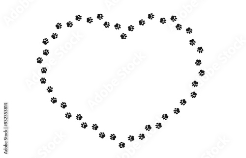 Heart shaped frame with animal paw print. Black silhouette track of dog or cat paw prints. Frame with paw prints of pets for decoration of shop windows, websites, etc. Vector illustration.