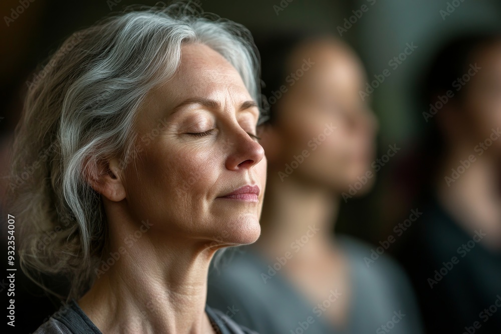 A mature woman breathes deeply with her eyes closed during a qigong class, embodying mindfulness and inner peace among fellow participants A mature woman breathes deeply with her eyes closed during a qigong class, embodying mindfulness and inner peace among fellow participants
