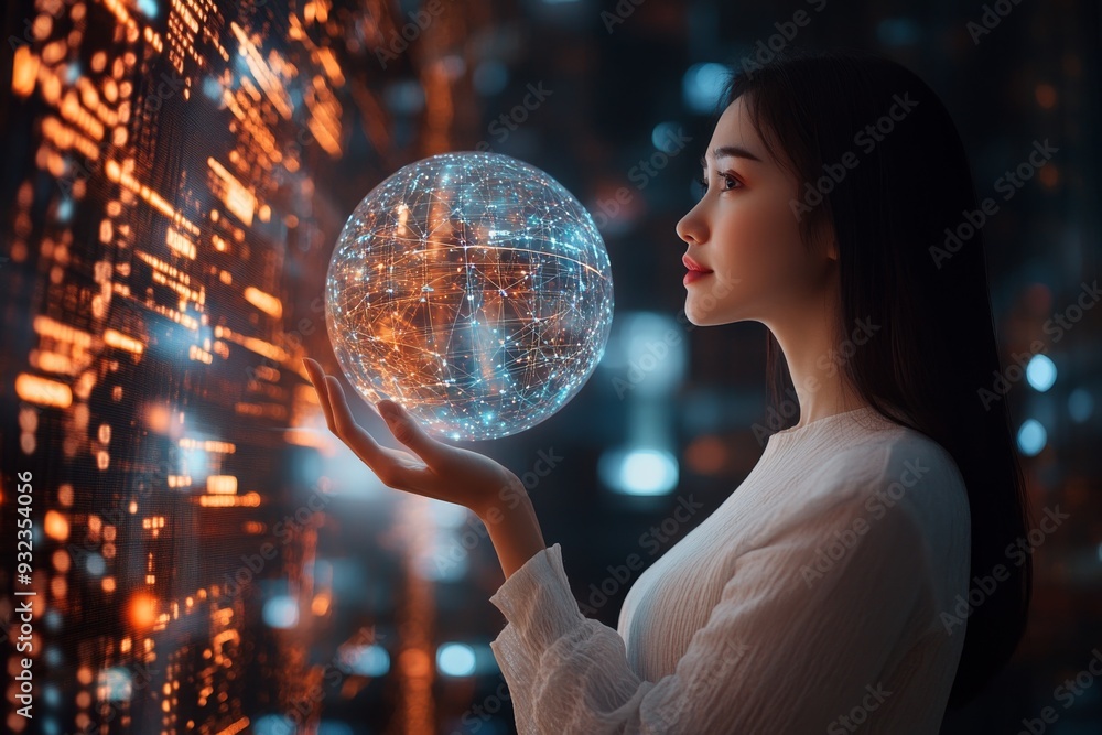 Naklejka premium A professional woman holds a holographic globe, symbolizing global networks, against a backdrop of illuminated digital data and technology