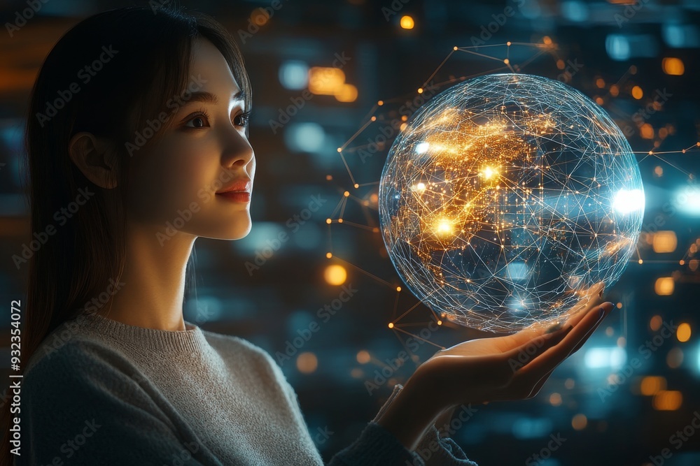 Naklejka premium A professional woman holds a holographic globe, symbolizing global connectivity, while gazing thoughtfully in a tech-inspired office setting