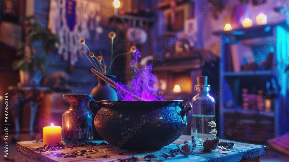 A cauldron simmers with vibrant potion while candles and magical items illuminate the cozy, mystical atmosphere A cauldron simmers with vibrant potion while candles and magical items illuminate the cozy, mystical atmosphere