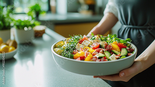 housewife holding a fresh lunch salad in a kitchen interior