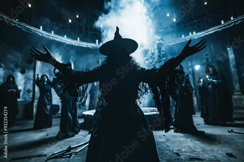 Black Magic Ritual involving a coven of evil witches, chanting dark invocations in the dead of night photo