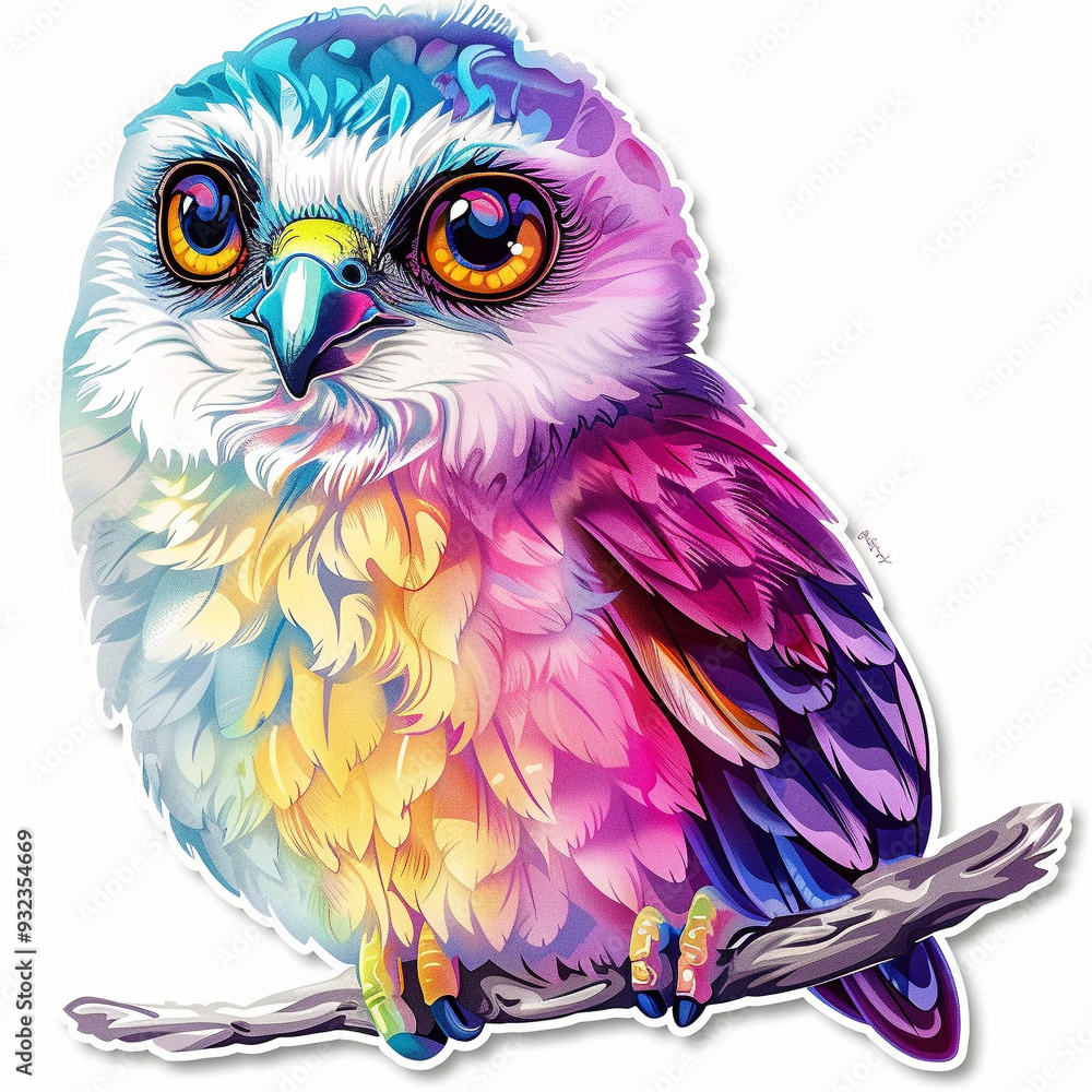 Obraz premium owl colorful bird illustration cute art vibrant bright animal drawing multicolored neon digital perched wildlife fantasy artwork detailed design fantasy art 