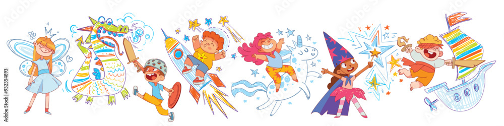 Obraz premium Childhood dreams and fantasies. Kids imagination. Fairy tales for children. Fantasy children's drawings on the wall with colored crayons. Scribble in the background. Funny cartoon characters. Isolated