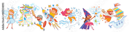 Childhood dreams and fantasies. Kids imagination. Fairy tales for children. Fantasy children's drawings on the wall with colored crayons. Scribble in the background. Funny cartoon characters. Isolated