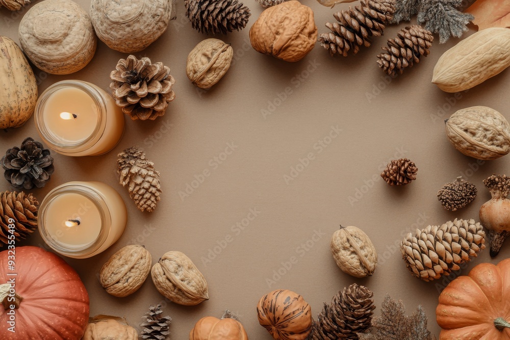 Candles, walnuts, pine cones, and pumpkins create a warm autumn atmosphere arranged in a harmonious flat lay on a neutral backdrop Candles, walnuts, pine cones, and pumpkins create a warm autumn atmosphere arranged in a harmonious flat lay on a neutral backdrop