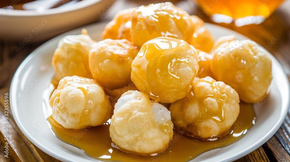 Plate of golden lokma deepfried dough balls soaked in honey syrup for a sweet and traditional food dessert Plate of golden lokma deepfried dough balls soaked in honey syrup for a sweet and traditional food dessert
