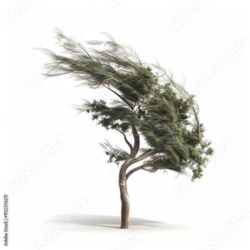 tree wind nature bending resilience green trunk isolated foliage white background single tree environmental force wild windy weather outdoors windy day windblown tree 