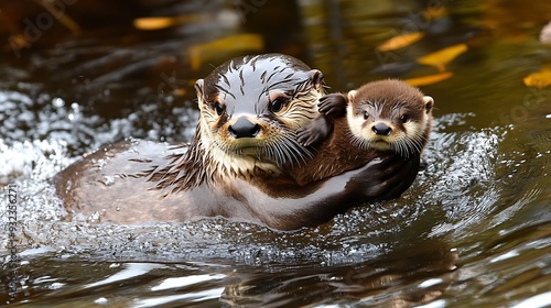 Mother Otter Carrying Her Baby Across the Water in a Serene Natural Setting photo