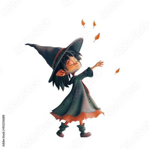 Cute animated witch character enjoying autumn leaves, wearing a hat and cloak, perfect for Halloween and fantasy designs.