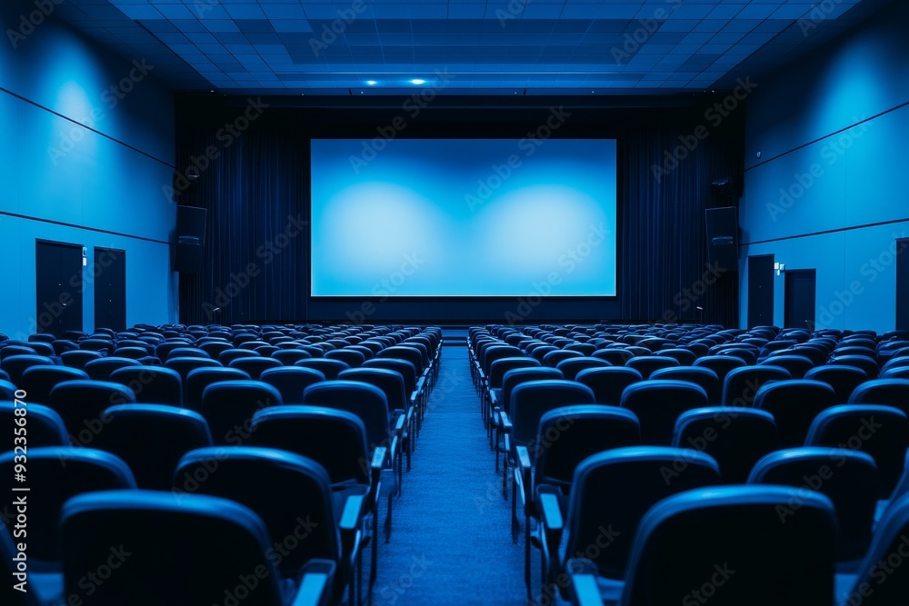 Spacious conference hall with rows of empty seats facing a large blank screen, awaiting the start of a significant presentation or meeting Spacious conference hall with rows of empty seats facing a large blank screen, awaiting the start of a significant presentation or meeting