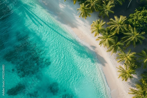 Fototapeta Naklejka Na Ścianę i Meble -  Aerial view captures a stunning lagoon with clear turquoise waters gently lapping against a sandy shore lined with lush palm trees, creating a serene coastal escape