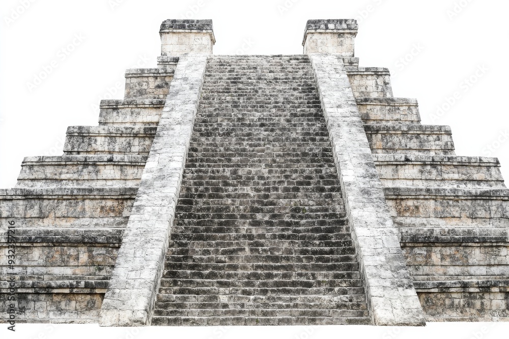 Fototapeta premium This ancient Mayan pyramid features intricately carved stone steps, standing proudly against a bright white backdrop in a serene environment