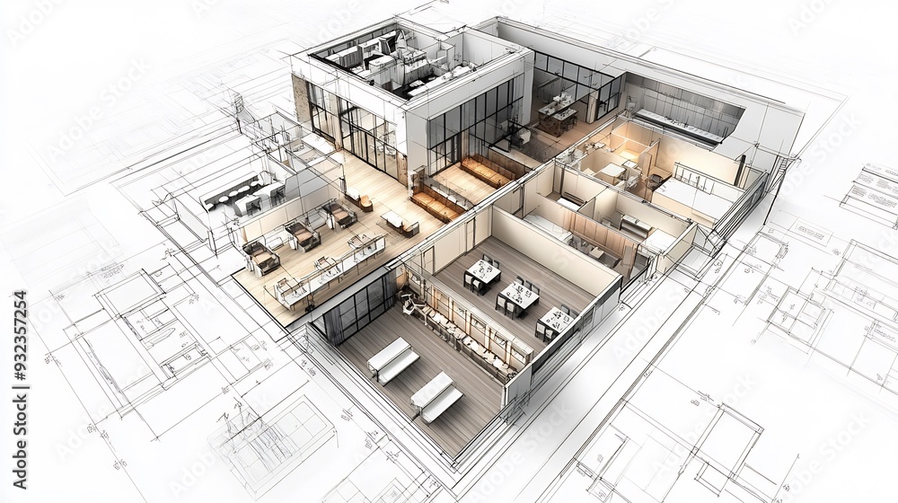 Detailed architectural blueprint for hospitality design focusing on guest experience service efficiency and aesthetic appeal with clear organized annotations Detailed architectural blueprint for hospitality design focusing on guest experience service efficiency and aesthetic appeal with clear organized annotations