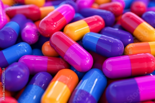 Dynamic and colorful close up of vibrant pills and capsules scattered in a pile symbolizing diversity and energy in modern medication and healthcare