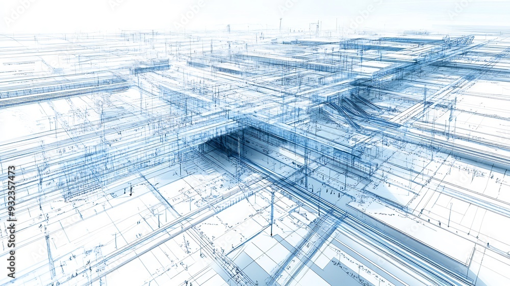 Detailed architectural blueprint for transportation hub design focusing on connectivity efficiency and passenger experience with clear organized annotations Detailed architectural blueprint for transportation hub design focusing on connectivity efficiency and passenger experience with clear organized annotations