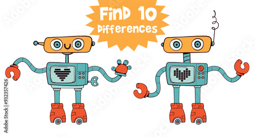 Find 10 differences in the picture. Retro robot. Educational game for kids. Attention task. Funny cartoon character. Worksheet page. Vector illustration. Isolated on white background