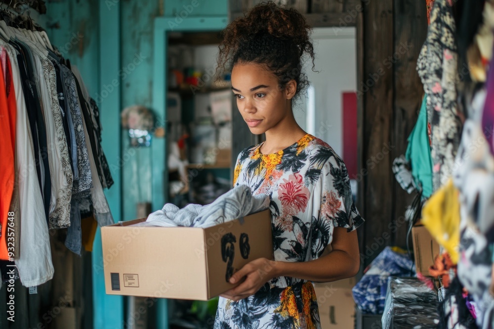 A young woman stands holding a cardboard box filled with clothing, surrounded by various colorful garments in a bustling retail space A young woman stands holding a cardboard box filled with clothing, surrounded by various colorful garments in a bustling retail space