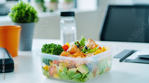 fresh homemade lunch in a tupper at an office, healthy choice photo