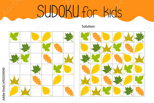 Sudoku leaves educational game, leisure activity worksheet illustration, printable grid to fill in missing images, autumn seasonal topical vocabulary, puzzle with solution, teacher resources