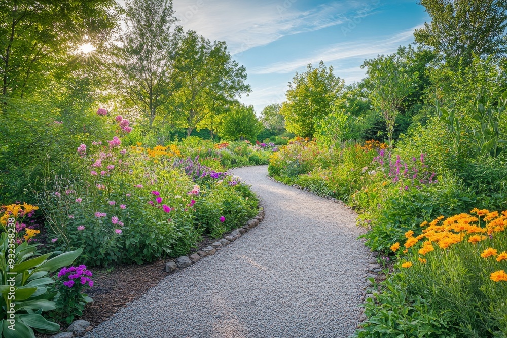A serene gravel path meanders through a vibrant garden, surrounded by blooming flowers and lush greenery under the warm afternoon sun A serene gravel path meanders through a vibrant garden, surrounded by blooming flowers and lush greenery under the warm afternoon sun