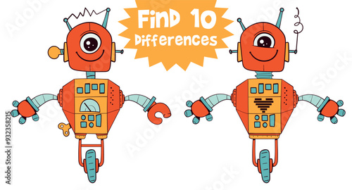 Find 10 differences in the picture. Retro robot. Educational game for kids. Attention task. Funny cartoon character. Worksheet page. Vector illustration. Isolated on white background
