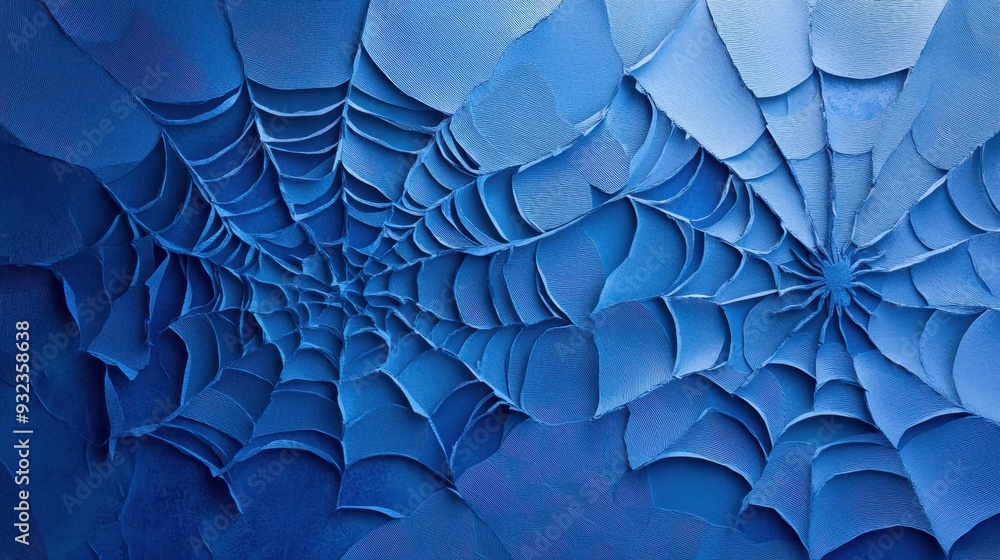Obraz premium Intricate blue spider webs woven across a textured background, creating a captivating visual display of nature's artistry. Generative AI