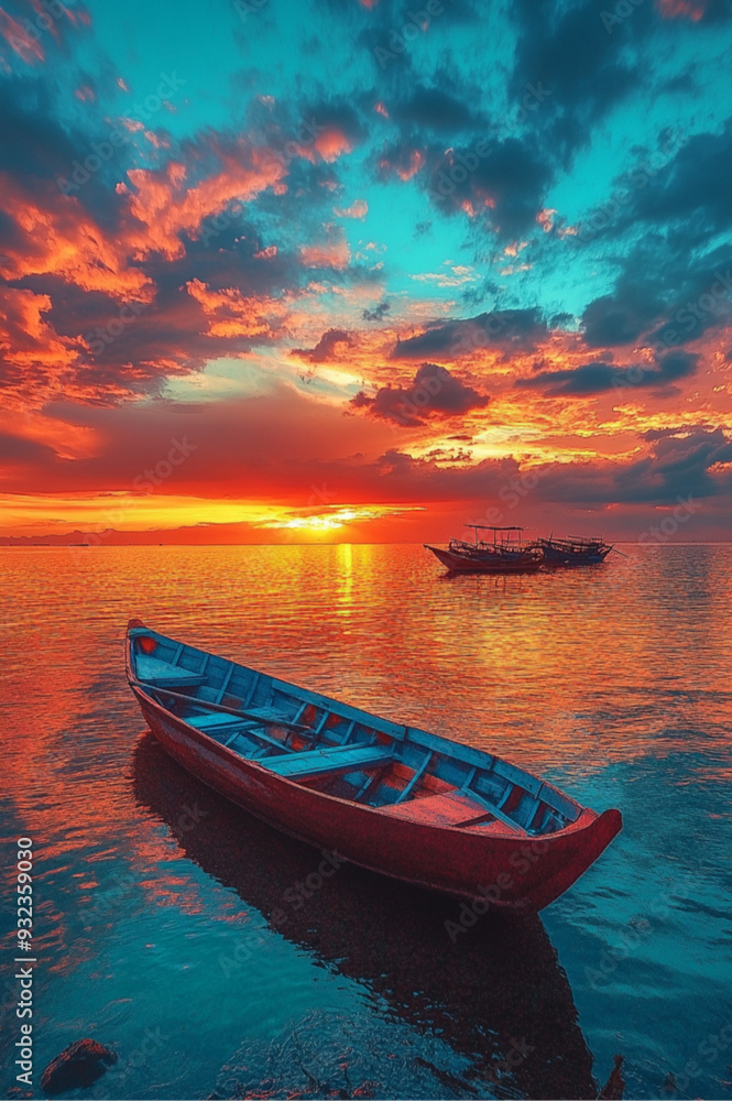 Naklejka premium a beautiful sunset over Manila Bay with the sky painted in deep blues, reds, and yellows--reminiscent of the colors of the Philippine flag. The water reflects the vivid colors of the sky