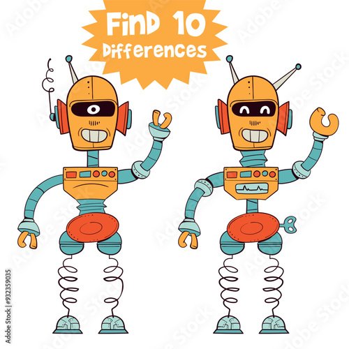 Find 10 differences in the picture. Retro robot. Educational game for kids. Attention task. Funny cartoon character. Worksheet page. Vector illustration. Isolated on white background