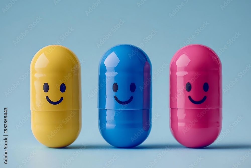 Playful and vibrant close up of smiling capsule characters lined up set against a soft blue background symbolizing unity and positivity in healthcare Playful and vibrant close up of smiling capsule characters lined up set against a soft blue background symbolizing unity and positivity in healthcare