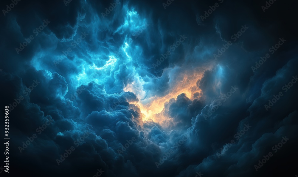 A dark sky with a bright yellow sun in the middle. The sky is filled with clouds and the sun is shining through them A dark sky with a bright yellow sun in the middle. The sky is filled with clouds and the sun is shining through them