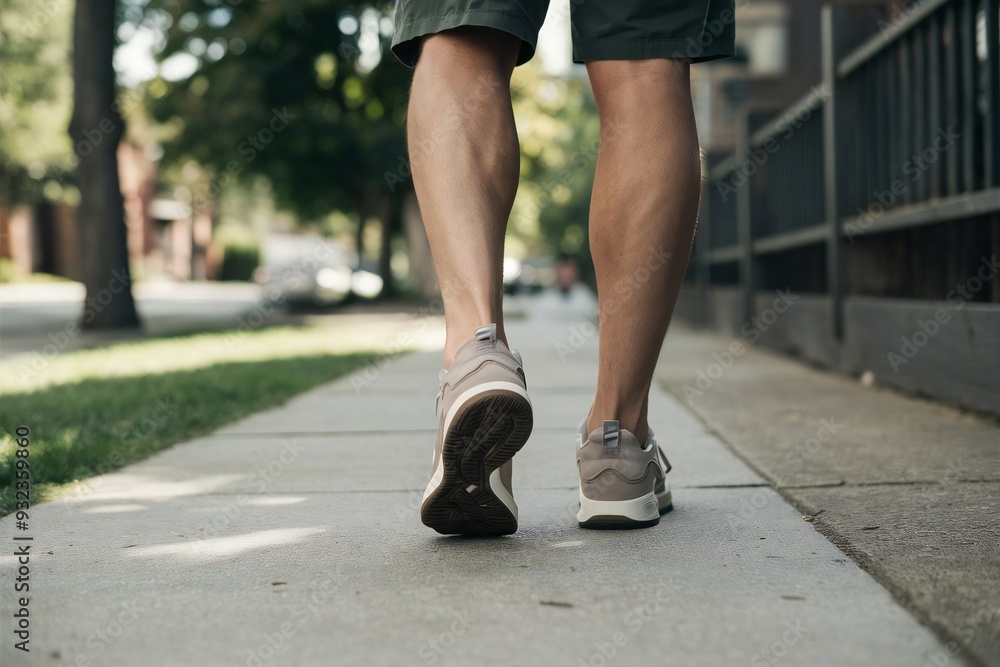 Walking Man Legs in Athletic Sneakers on Suburban Sidewalk Walking Man Legs in Athletic Sneakers on Suburban Sidewalk