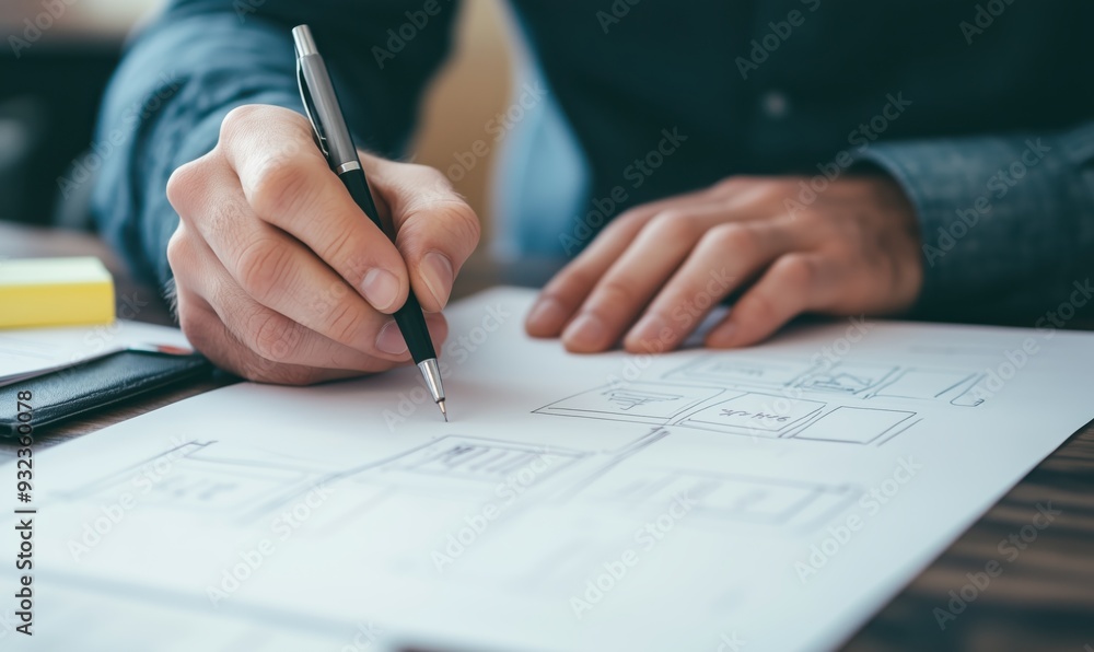 A man is writing with a pen on a piece of paper. Concept of focus and concentration as the man carefully writes A man is writing with a pen on a piece of paper. Concept of focus and concentration as the man carefully writes