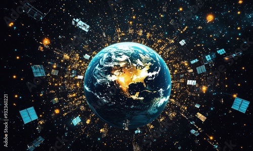 Fototapeta Naklejka Na Ścianę i Meble -  A planet with a lot of satellites surrounding it. The satellites are in different colors and sizes. The image gives the impression of a busy and active space with many satellites orbiting the planet