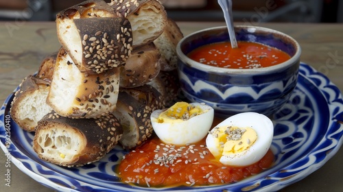 Plate of malawach a flaky Yemenite bread served with tomato sauce and a hardboiled egg perfect for a hearty food meal photo