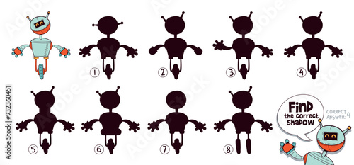 Find the correct shadow. Funny cartoon character retro robot. Choose right silhouette. Educational game for kids. Attention task. Worksheet page. Activity book. Isolated vector illustration. Set