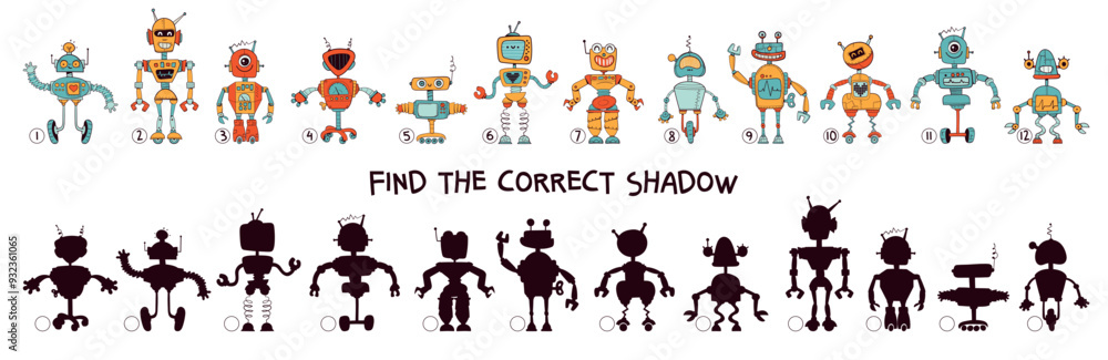 Find the correct shadow. Funny cartoon characters robots. Choose right silhouette. Educational game for kids. Attention task. Worksheet page. Activity book. Isolated vector illustration. Set Find the correct shadow. Funny cartoon characters robots. Choose right silhouette. Educational game for kids. Attention task. Worksheet page. Activity book. Isolated vector illustration. Set