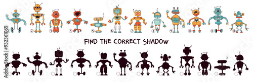 Find the correct shadow. Funny cartoon characters robots. Choose right silhouette. Educational game for kids. Attention task. Worksheet page. Activity book. Isolated vector illustration. Set