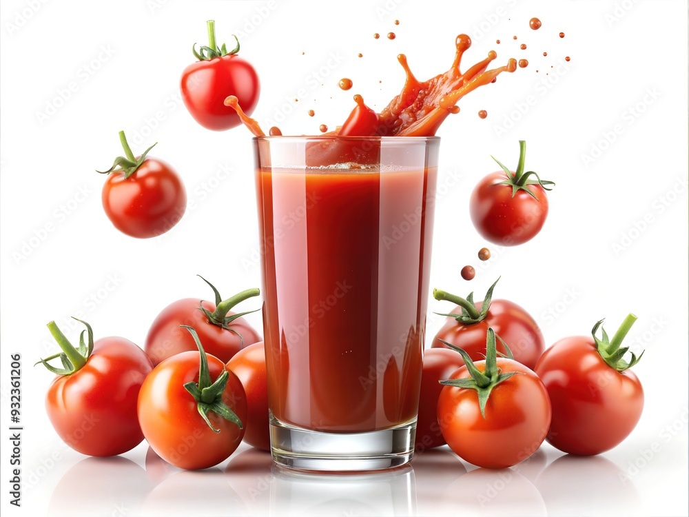 A glass of tomato juice with levitating tomatoes around. A glass of tomato juice with levitating tomatoes around.
