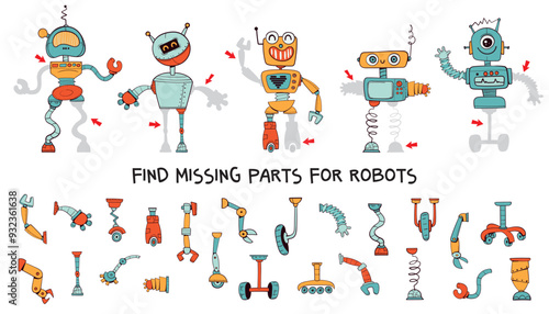 Find missing parts for the robots. Pick the right part. Funny cartoon characters. Educational game for kids. Attention task. Worksheet page. Activity book. Vector illustration. Isolated background