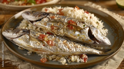 Plate of mutabbaq samak a fish dish cooked with spices and served with a side of rice for a flavorful food meal photo