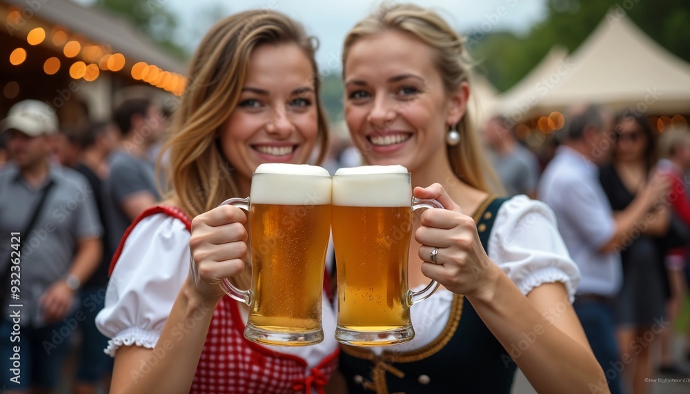 Female friends in traditional dirndl dress celeberating with beer at oktoberfest Female friends in traditional dirndl dress celeberating with beer at oktoberfest