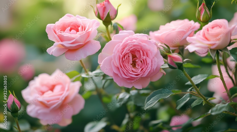 Pink roses blooming in a lush garden during springtime Pink roses blooming in a lush garden during springtime