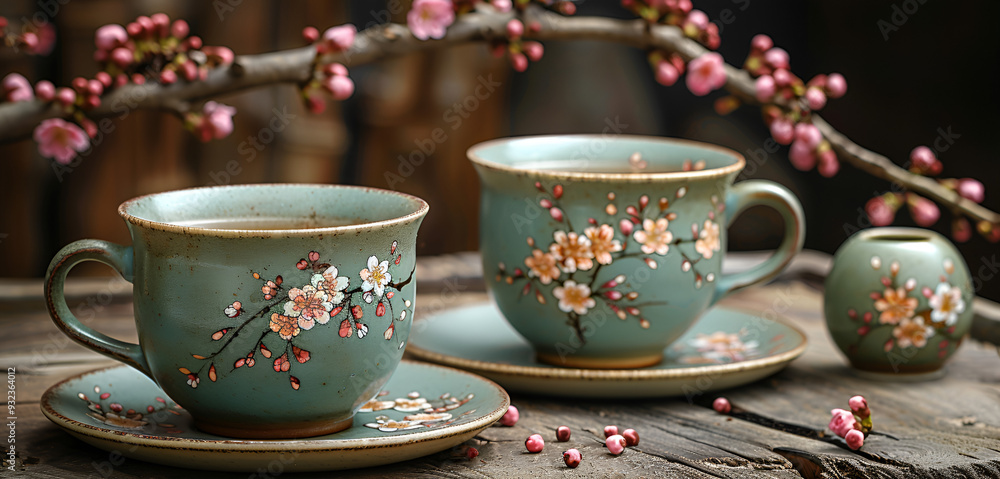 Traditional Japanese Tea Set and Cherry Blossoms on a Tatami Mat
Traditional Japanese Tea Set and Cherry Blossoms on a Tatami Mat