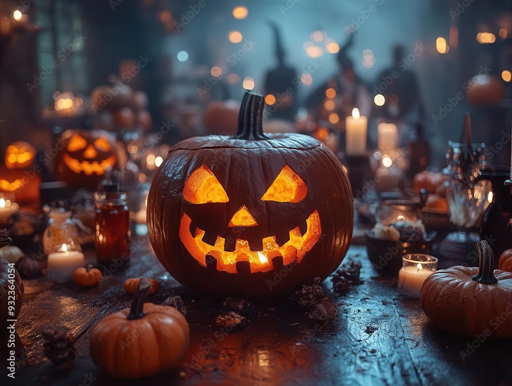eerie halloween party scene with glowing jackolanterns flickering candles and spooky decorations costumed revelers gather around a table laden with creepy treats and potions eerie halloween party scene with glowing jackolanterns flickering candles and spooky decorations costumed revelers gather around a table laden with creepy treats and potions