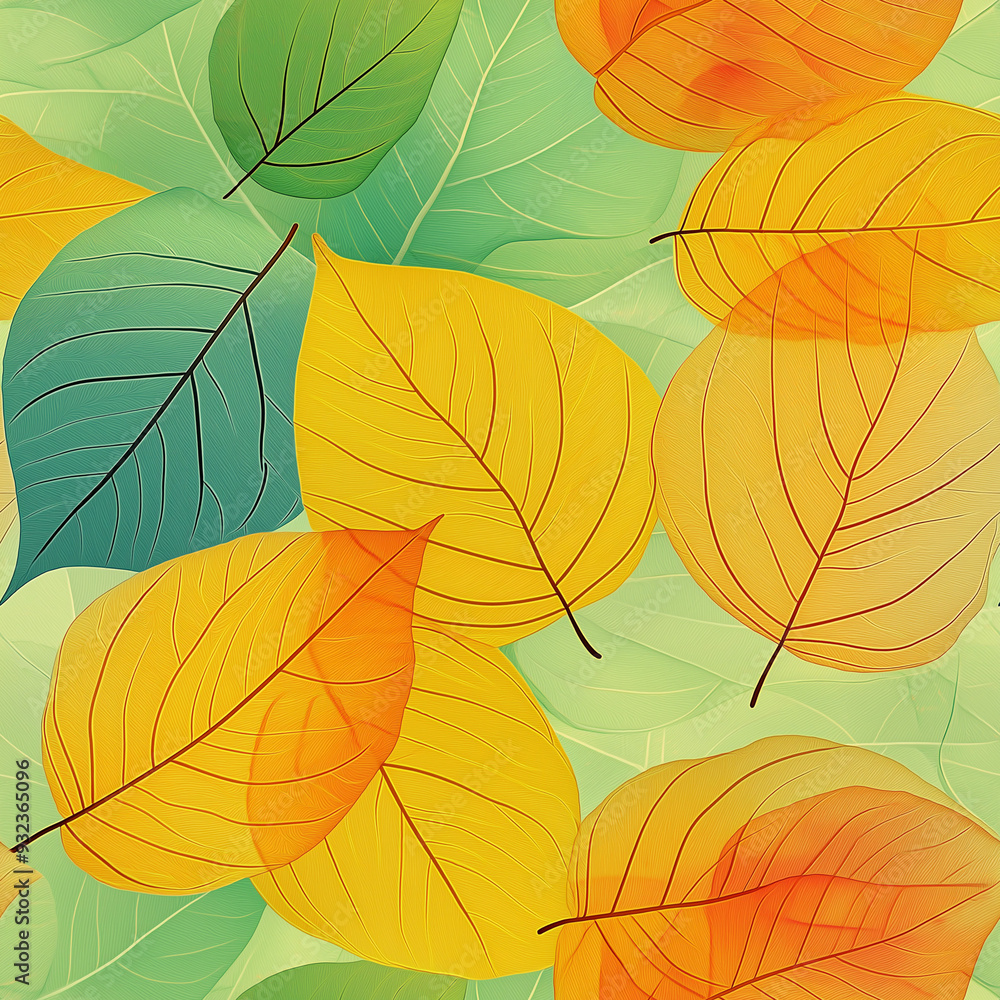 Seamless pattern of vibrant and colorful autumn tree leaves in vivid shades of orange, red, and yellow. Nature-inspired botanical background with intricate foliage details. Perfect for textile design, Seamless pattern of vibrant and colorful autumn tree leaves in vivid shades of orange, red, and yellow. Nature-inspired botanical background with intricate foliage details. Perfect for textile design,