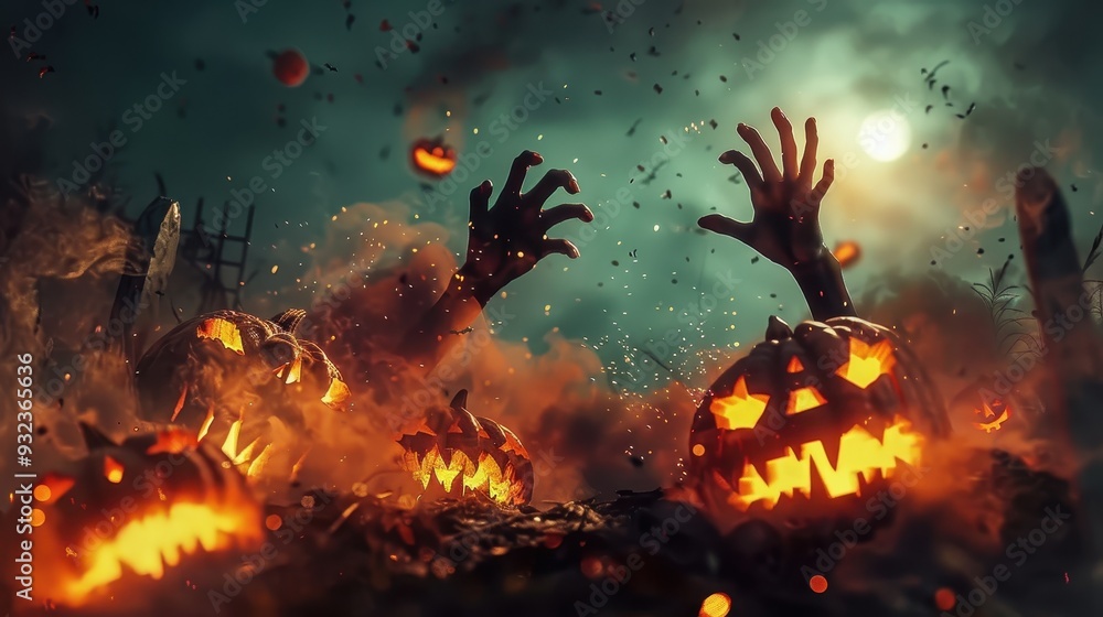 Zombies emerge from the ground while flaming pumpkins flicker in a spooky Halloween night atmosphere Zombies emerge from the ground while flaming pumpkins flicker in a spooky Halloween night atmosphere