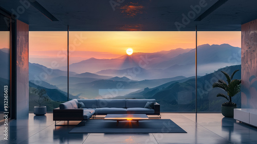 Open-plan living room with expansive glass walls, capturing the beauty of a serene sunset over rolling mountains, modern and minimalist design photo